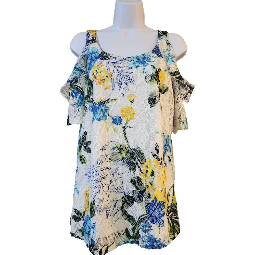 Cold-Shoulder Floral Lace Blouse in White with Blue & Yellow Flowers